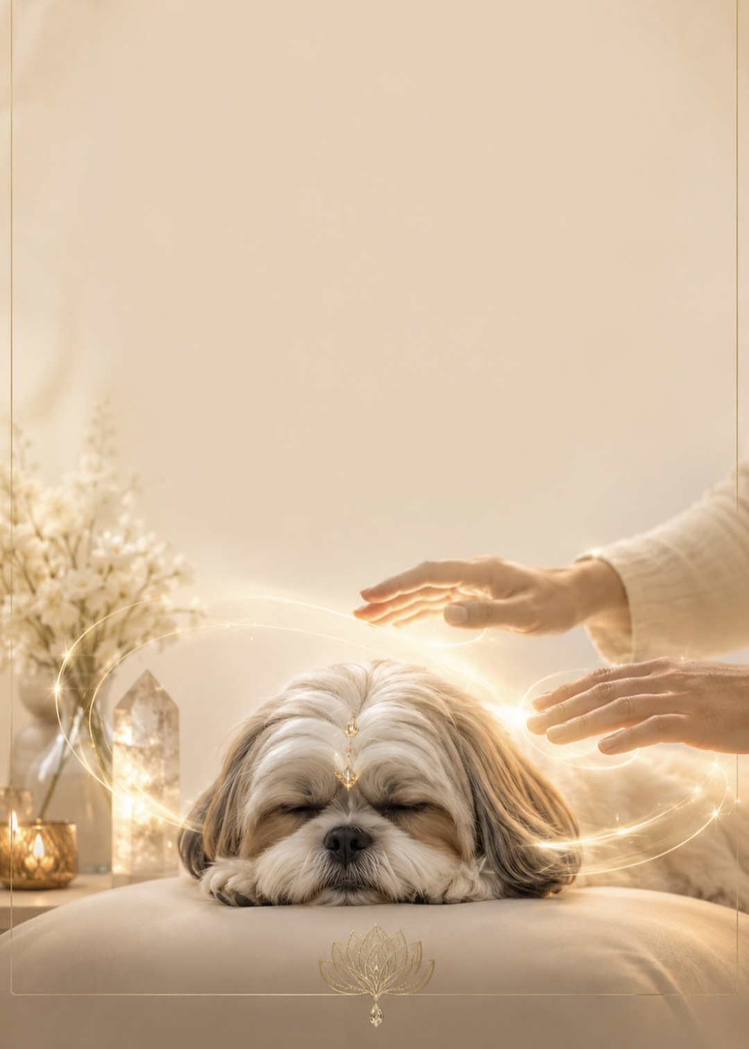 Mãos aplicando Reiki em pet com luz dourada